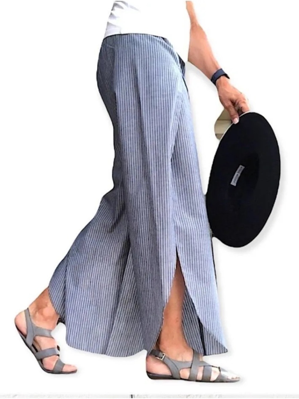 Anthropologie DREW Split leg pants blue pinstripe beach medium